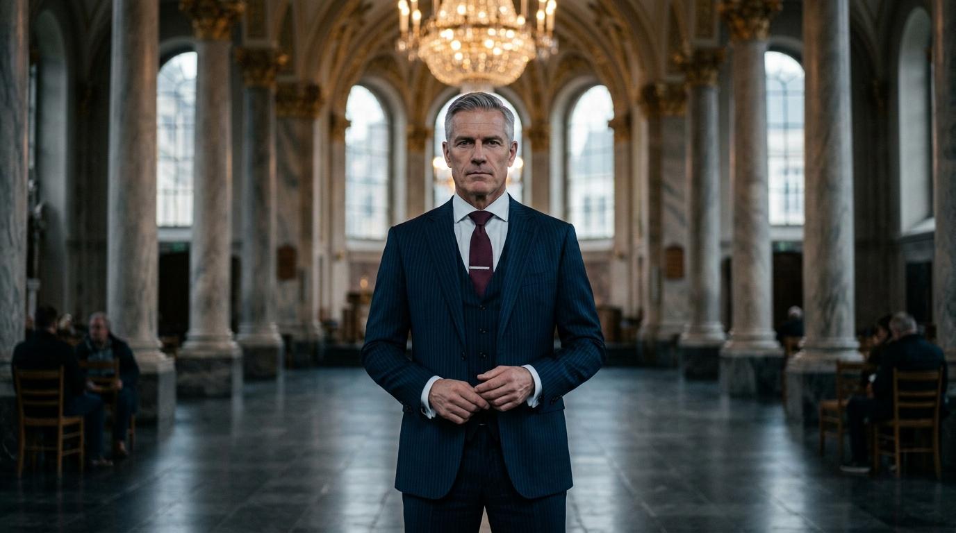 Homme en costume bleu dans une galerie avec colonnes