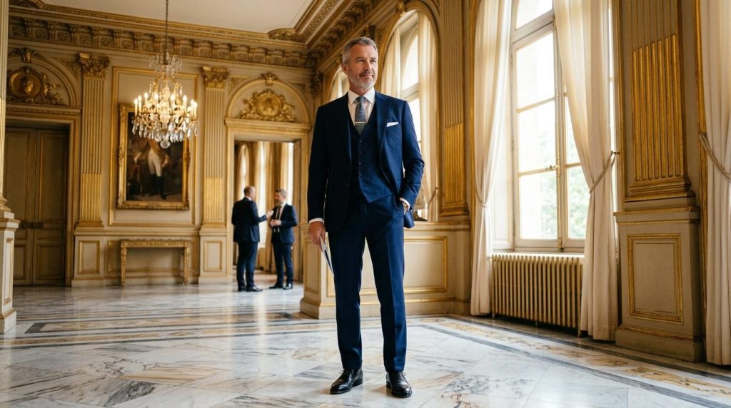 Homme en costume bleu dans un hall palatial doré