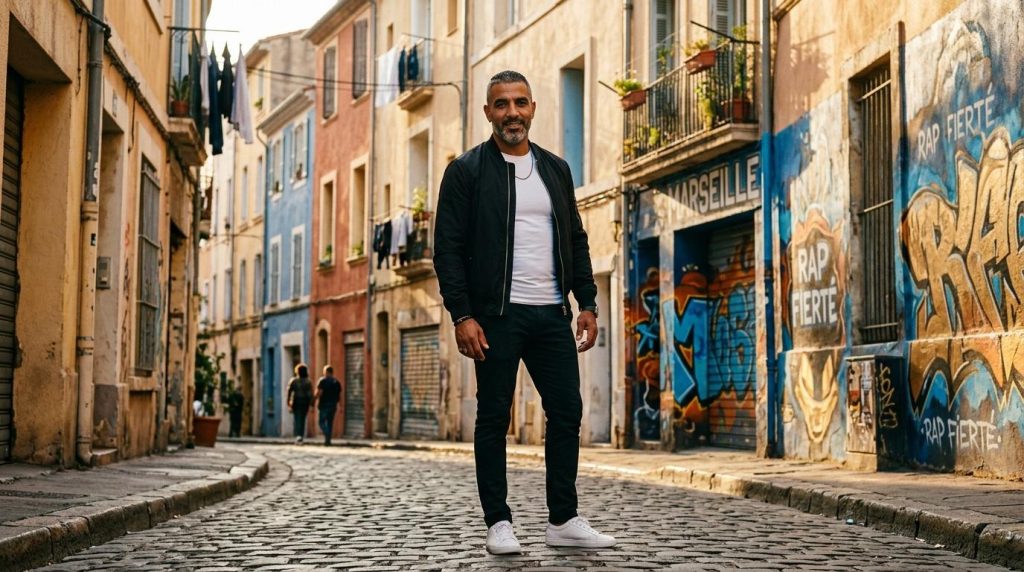 Homme en vêtements noirs posant dans une ruelle pavée colorée