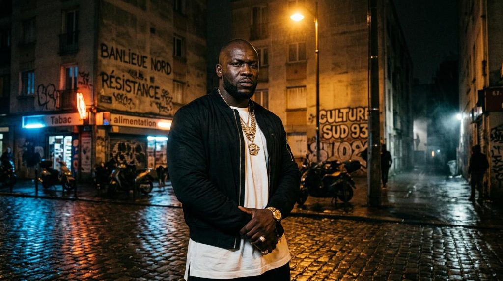 Homme noir en tenue chic posant dans rue parisienne mouillée