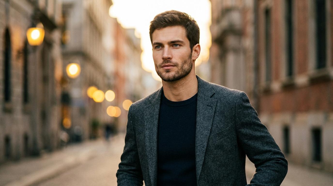 Homme en blazer gris dans une ruelle pavée au crépuscule