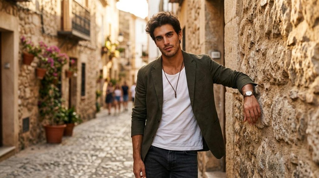 Homme en blazer kaki posant dans une vieille ruelle pavée