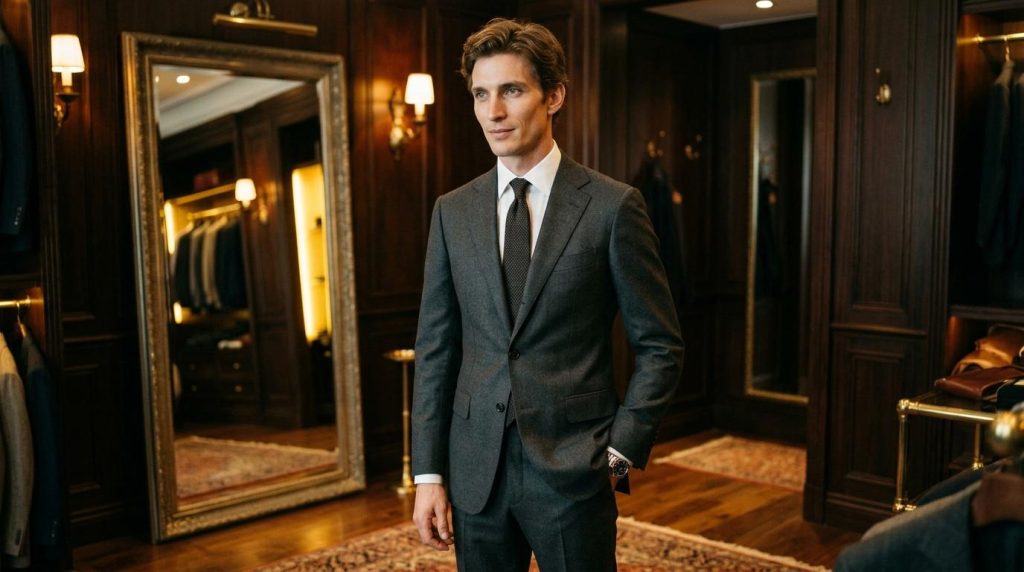 Homme en costume gris et cravate noire dans couloir luxueux