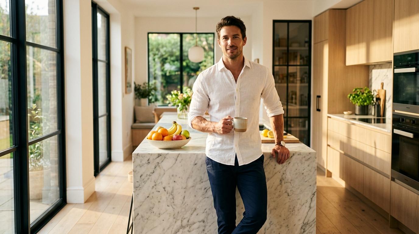 Homme blanc en chemise blanche tenant un café dans une cuisine lumineuse
