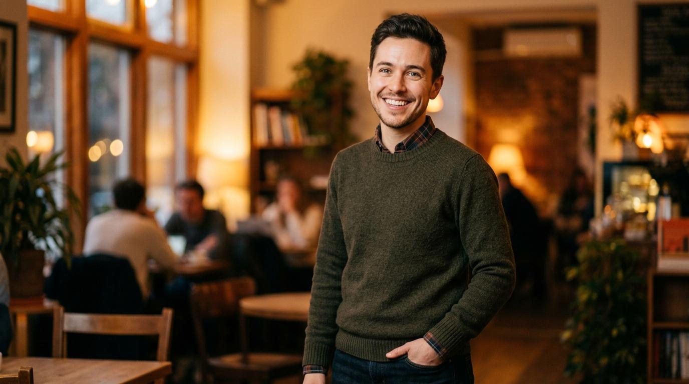 Jeune homme en pull vert souriant dans un café chaleureux