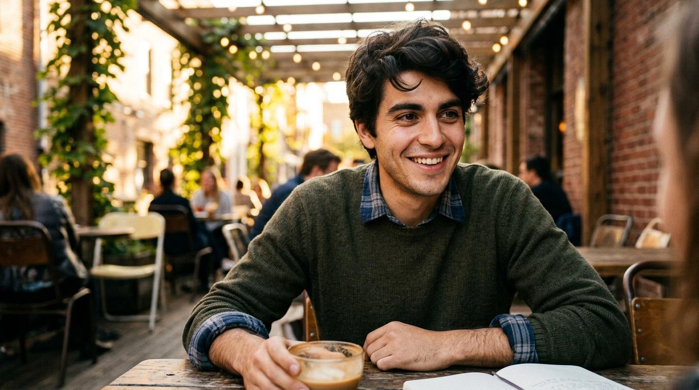 Jeune homme souriant à une terrasse avec café et décoration végétale