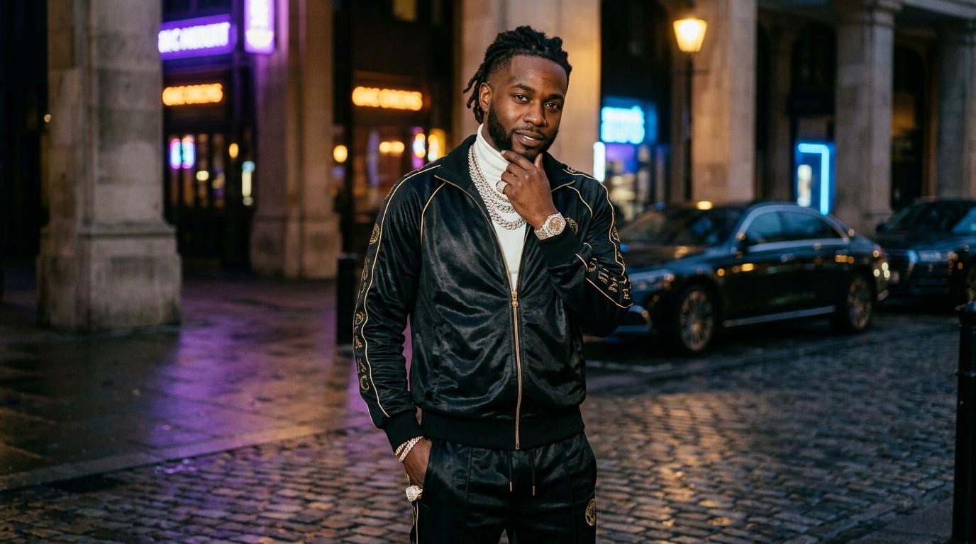 Homme en jogging noir et chaînes dorées la nuit