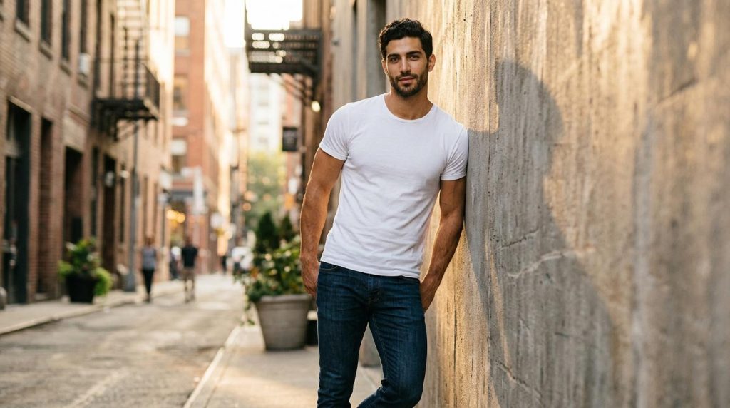 Homme en t-shirt blanc appuyé contre mur de brique