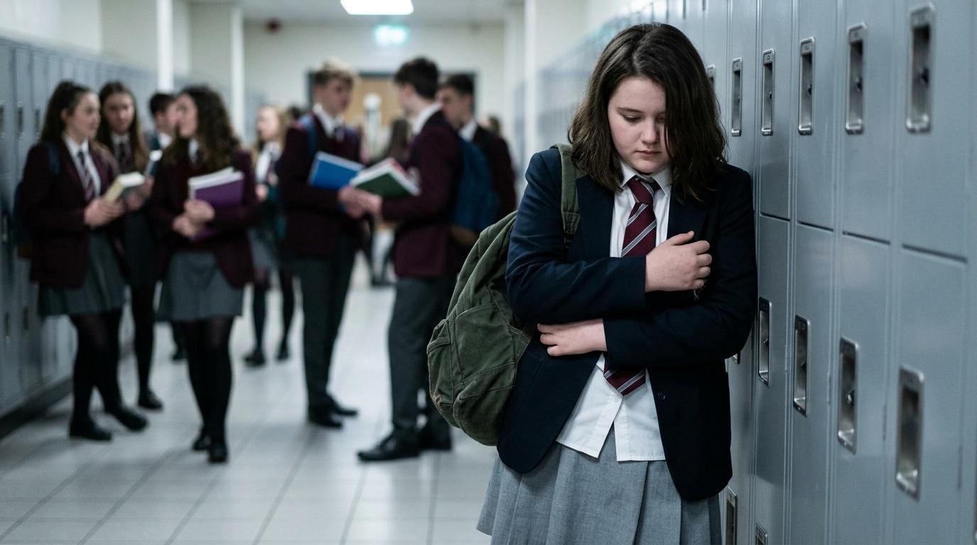 Adolescente seule près des casiers, autres élèves en arrière-plan