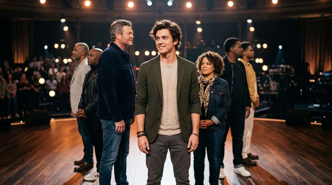 Homme souriant au centre d'une scène de studio télévisé entouré de personnes