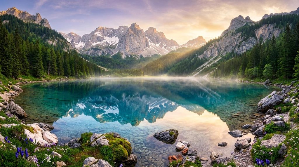 Lac cristallin entouré de montagnes enneigées et forêts de sapins