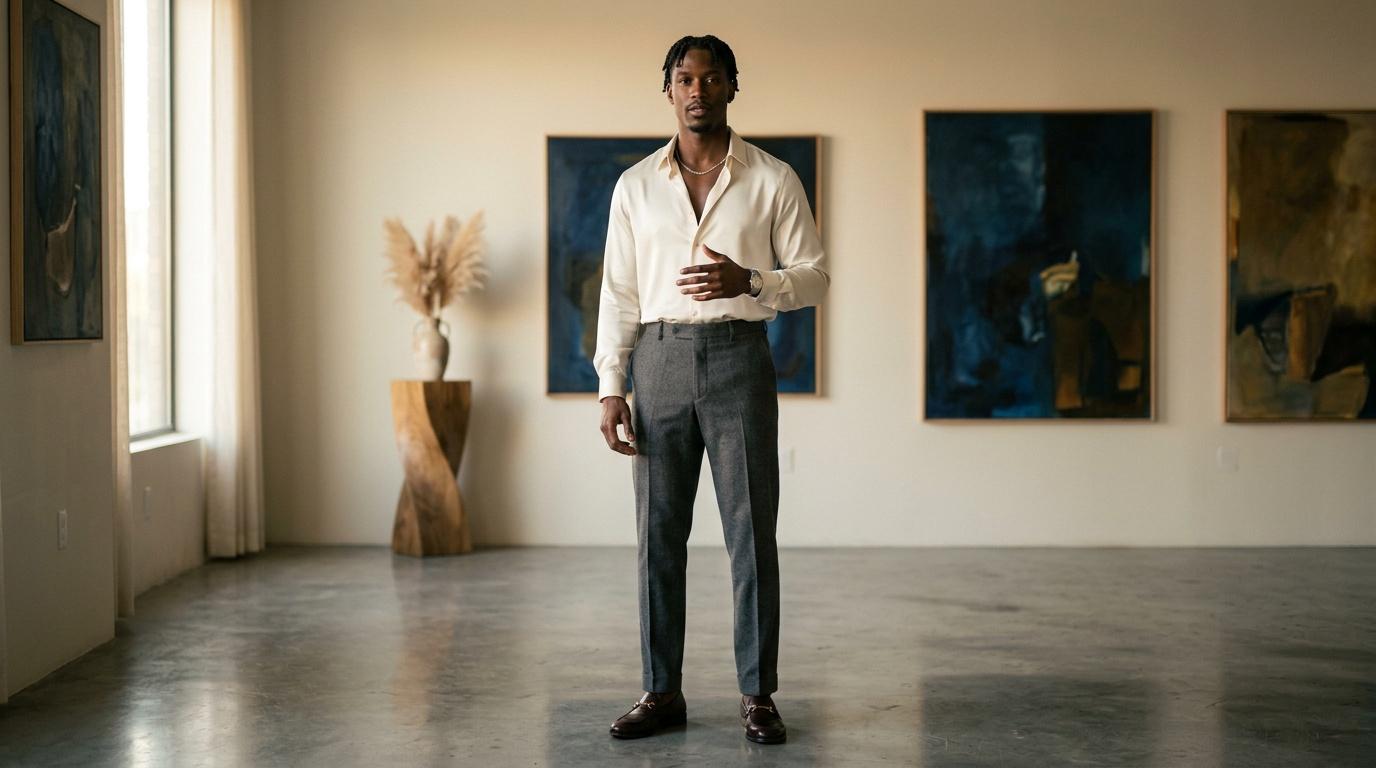 Homme en tenue élégante posant dans une galerie d'art