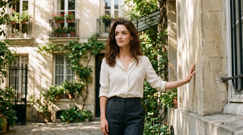 Femme en blouse blanche dans une cour parisienne verdoyante