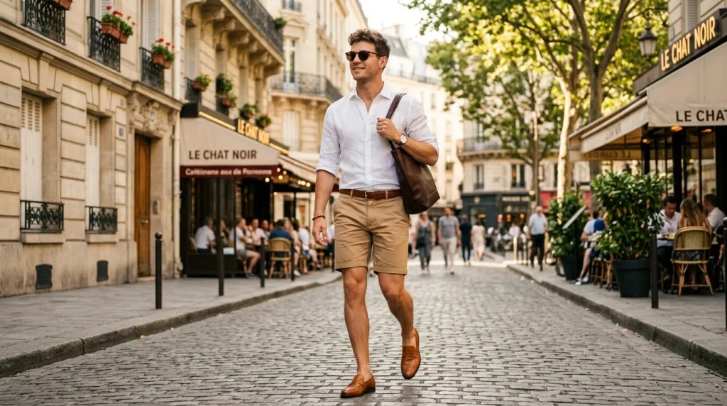 Homme en tenue chic marchant dans une rue parisienne typique