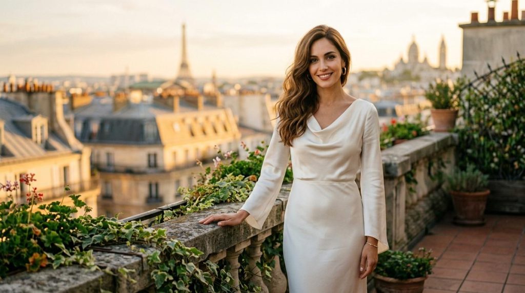 Femme en robe blanche sur terrasse parisienne avec vue panoramique
