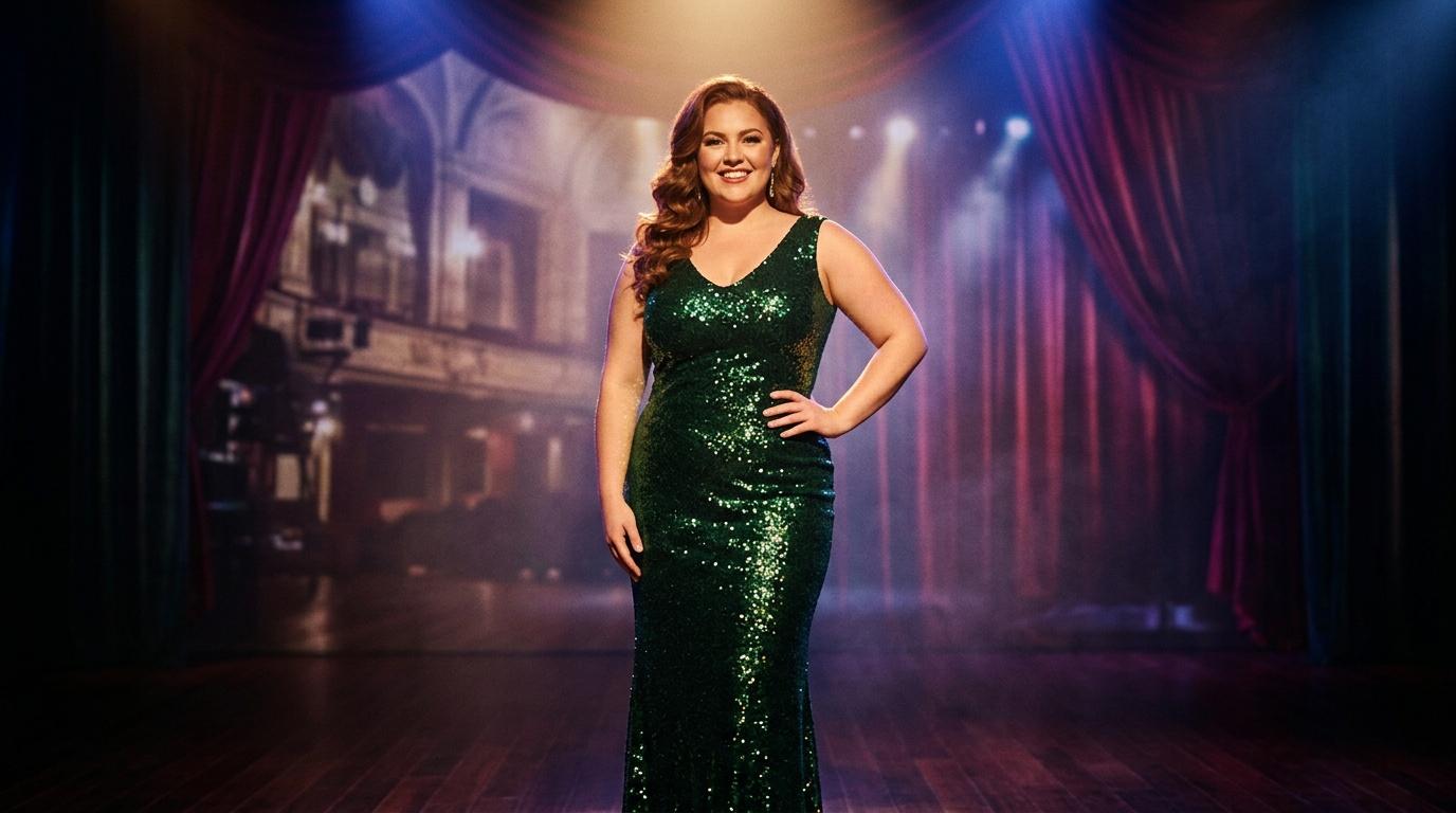 Femme en robe verte paillettée sur scène théâtrale