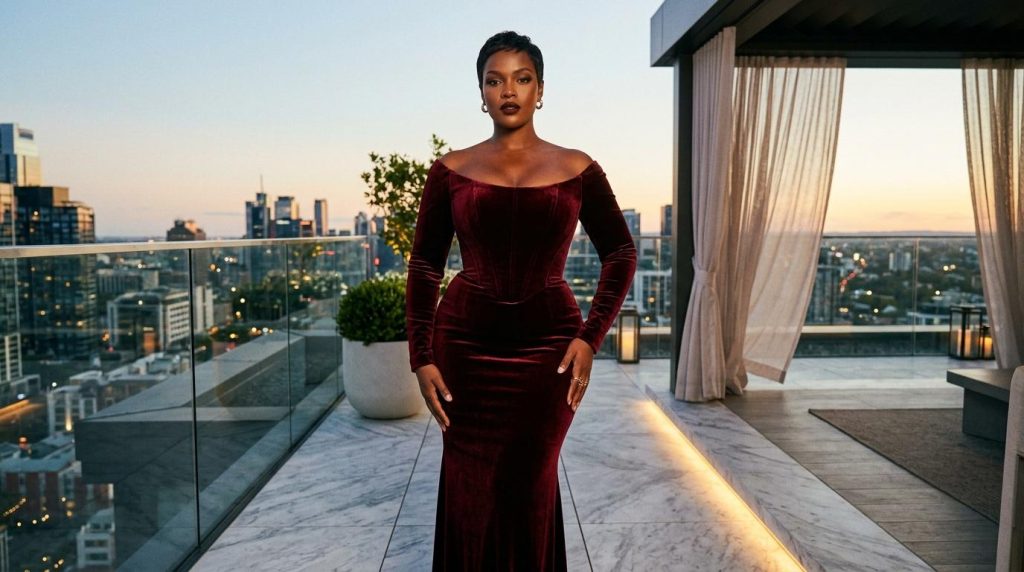 Femme en robe rouge velours sur terrasse panoramique urbaine