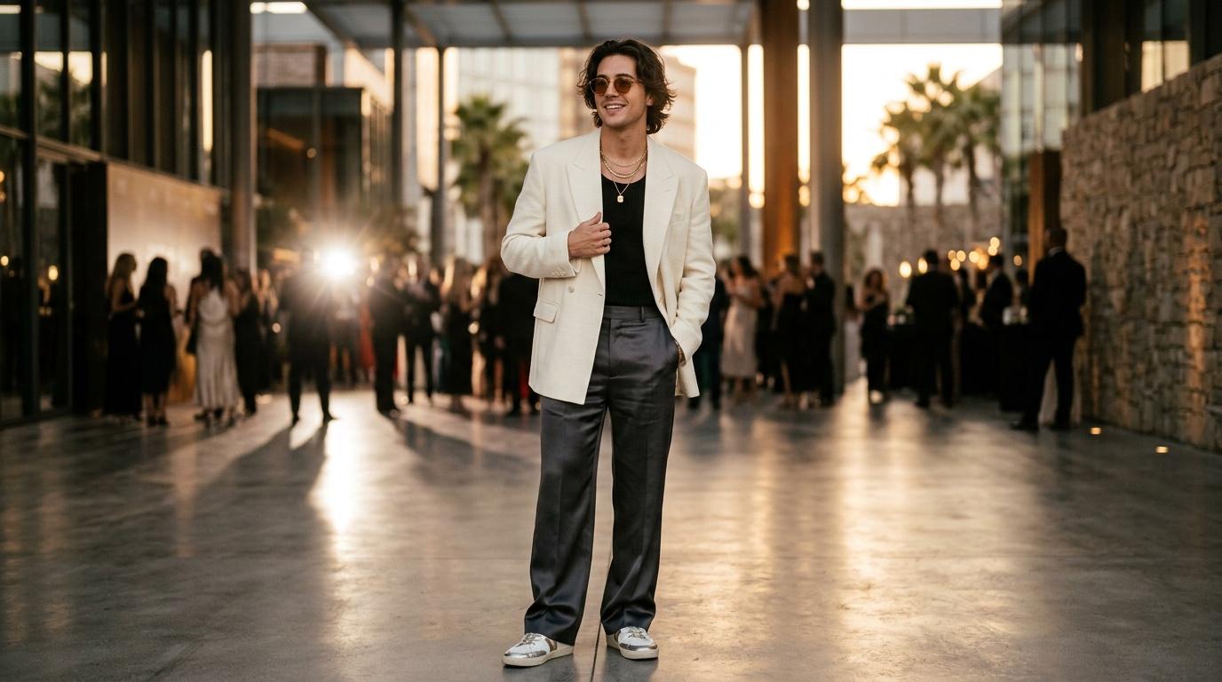 Jeune homme en blazer blanc dans une galerie urbaine.