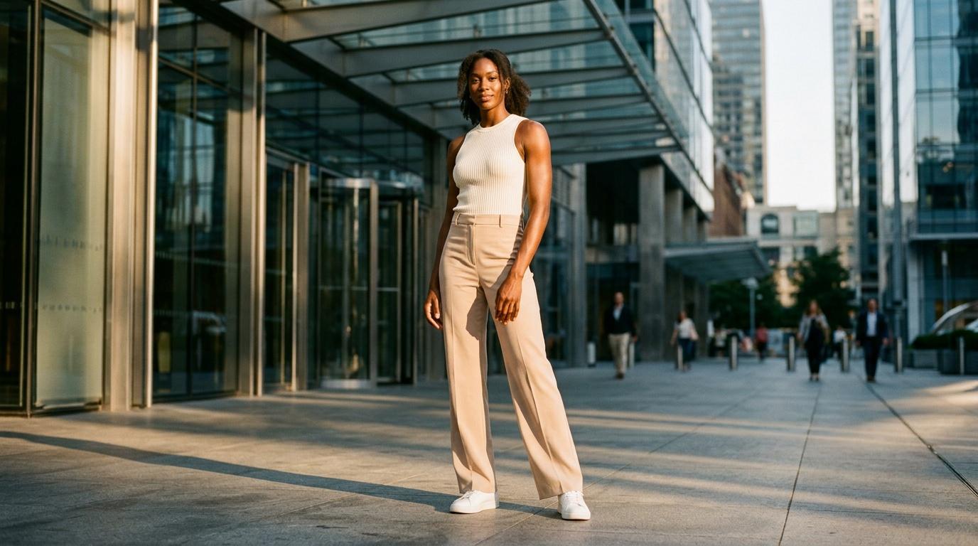 Femme en tenue beige dans une cour moderne entre gratte-ciel