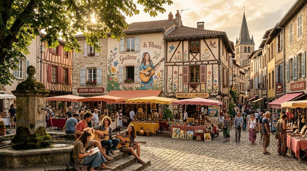 Place médiévale avec marché artisanal, musiciens et foule festive.