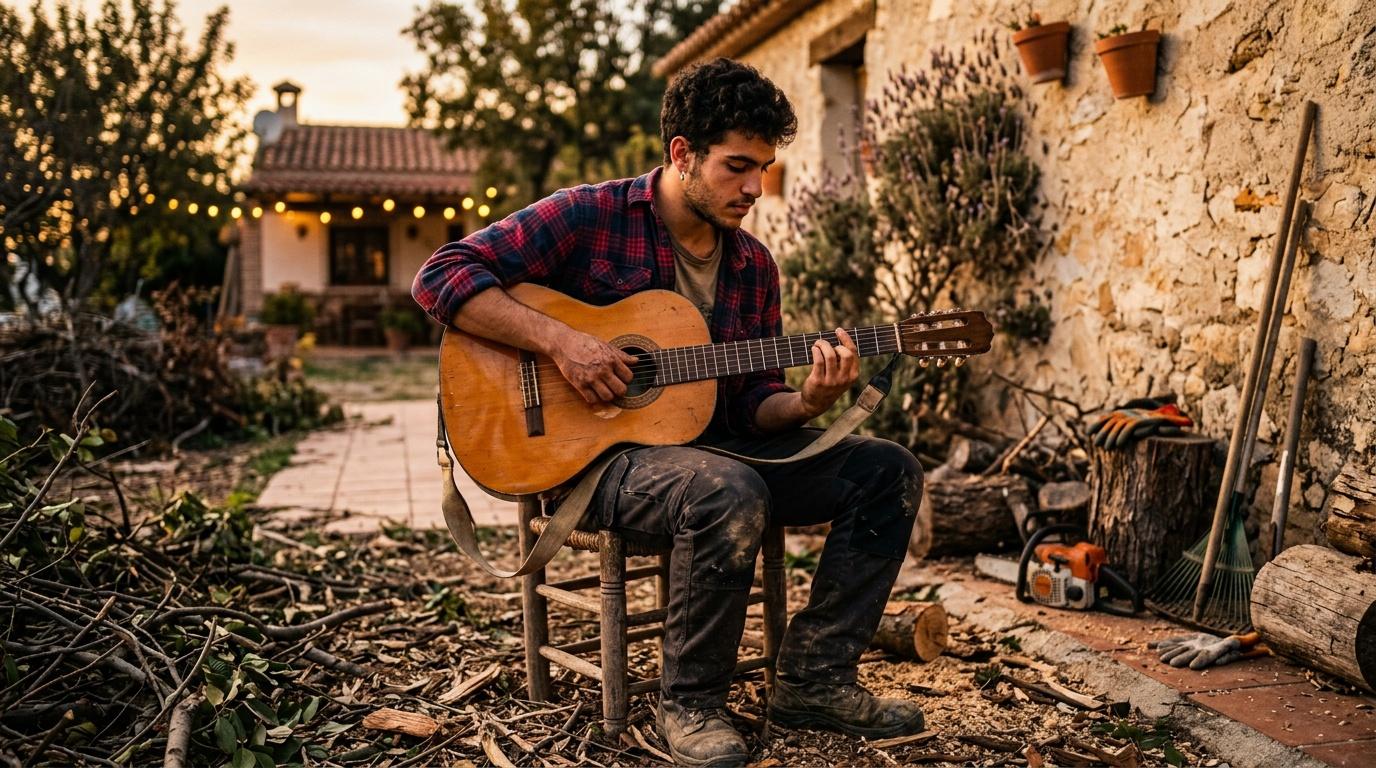 Jeune homme jouant de la guitare acoustique dans une cour rustique