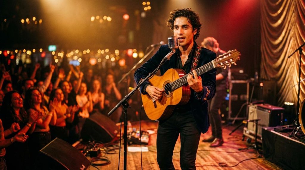 Chanteur avec guitare acoustique sur scène devant public