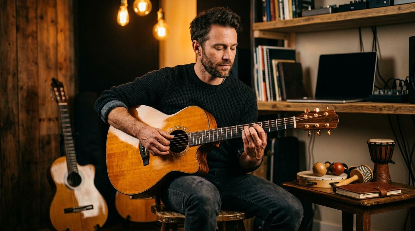 Homme barbu jouant guitare acoustique dans studio musical chaleureux