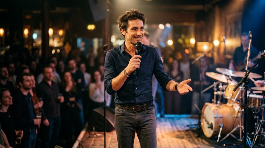 Homme au microphone performant devant une foule attentive