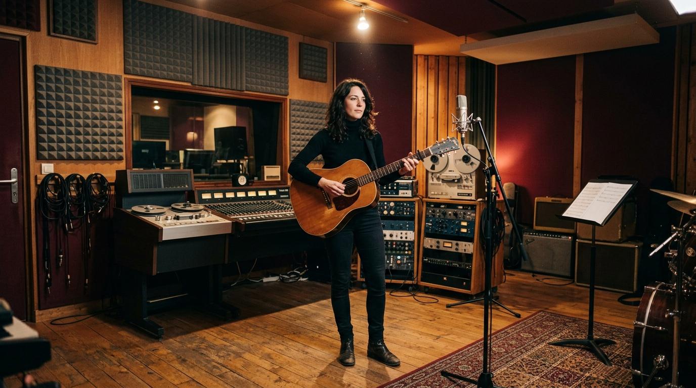 Femme jouant guitare acoustique dans studio professionnel