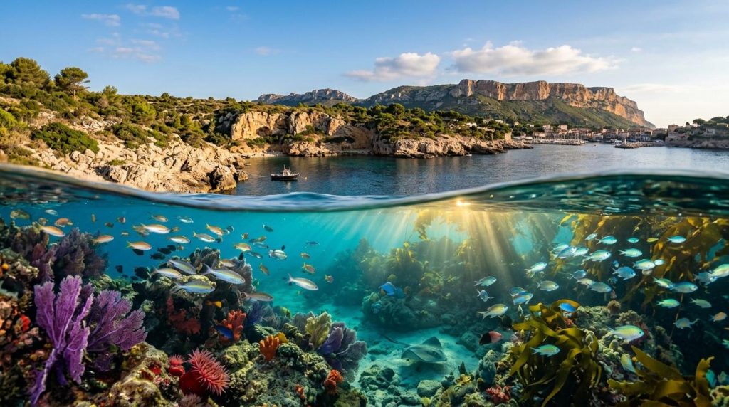 Vue sous-marine colorée d'une baie méditerranéenne avec coraux et poissons
