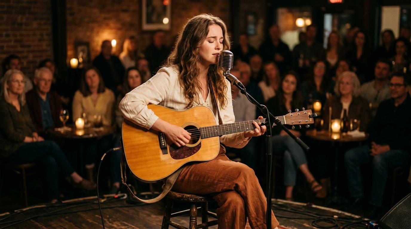 Femme chantant à la guitare acoustique devant public attentif