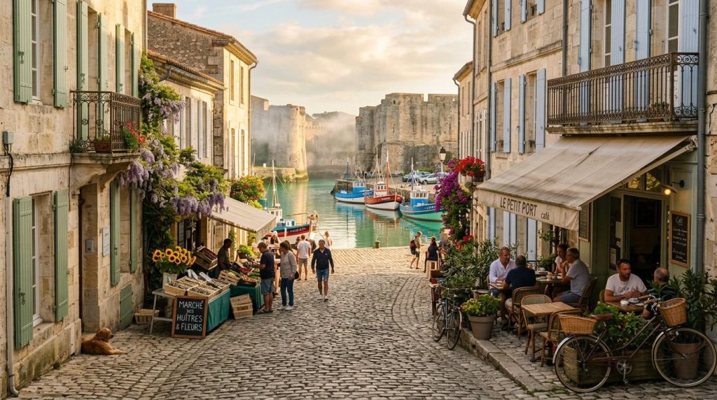 Rue pavée côtière avec bateaux, cafés et château médiéval