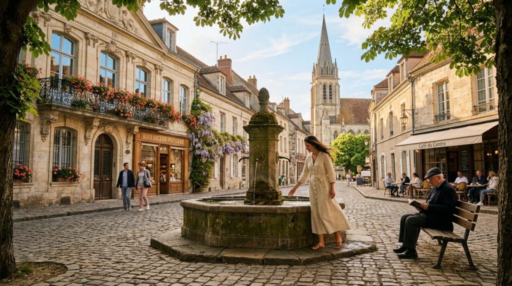 Place pavée avec église, boulangerie et résidents dans village français