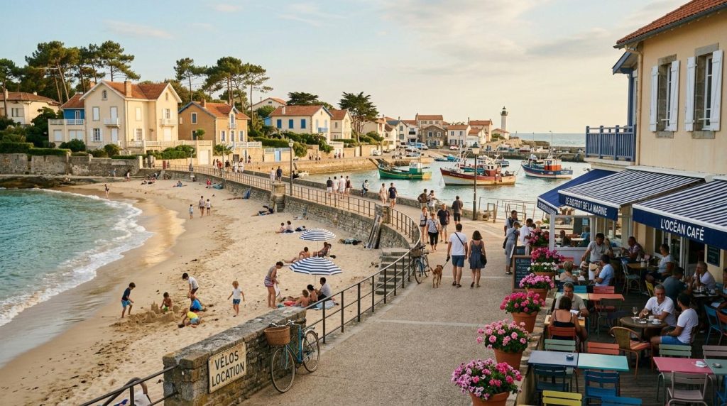 Plage avec baigneurs, café, bateaux de pêche et maisons colorées