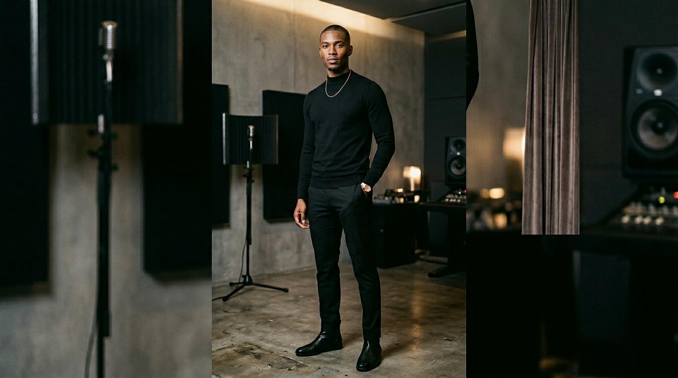 Homme en tenue noire dans studio musical moderne