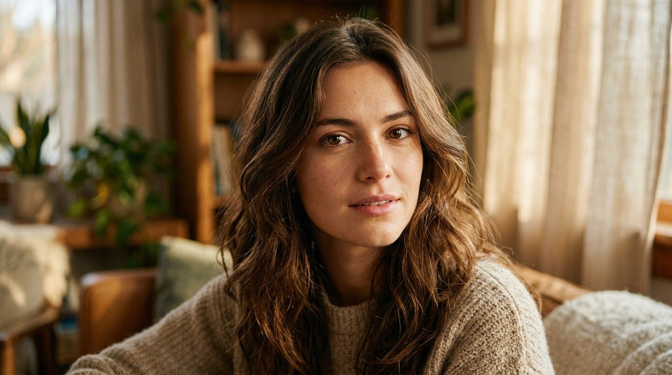 Femme aux cheveux ondulés dans un intérieur ensoleillé