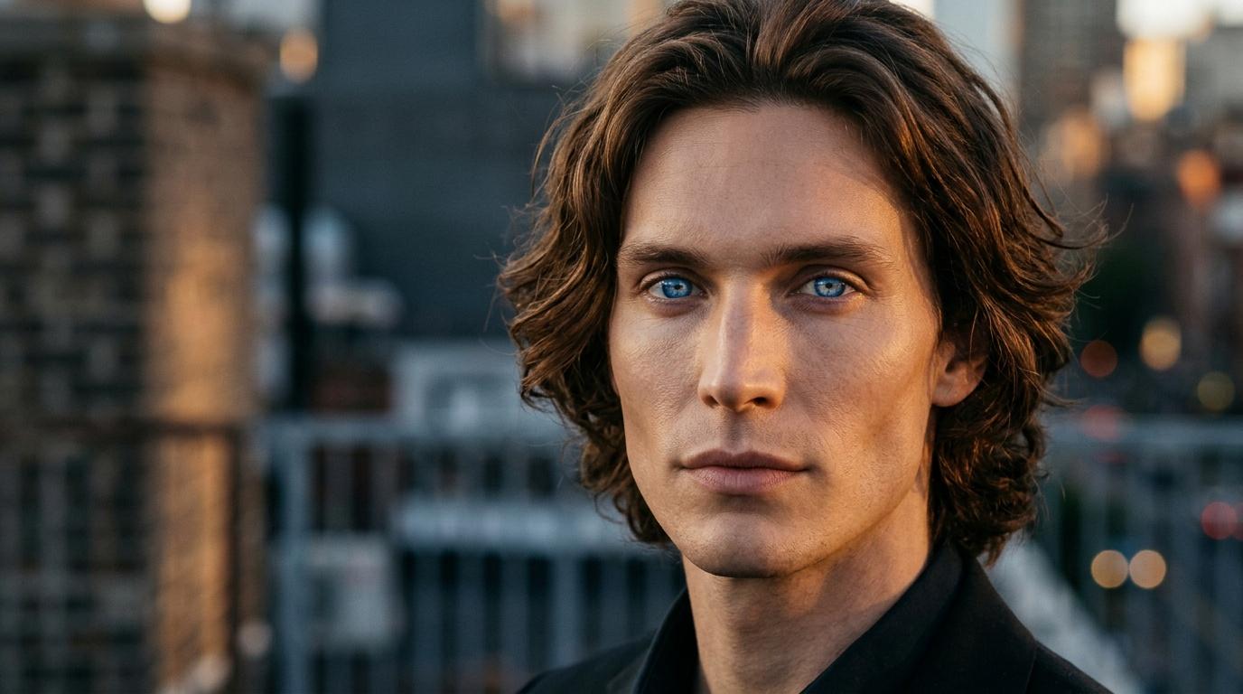 Homme aux yeux bleus, cheveux longs, fond urbain flou