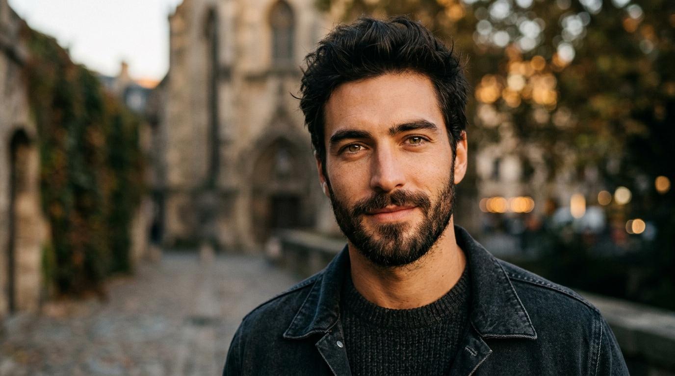 Homme barbu en veste denim devant architecture ancienne