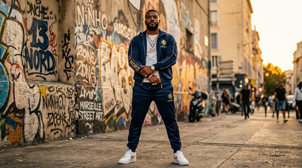 Homme en survêtement bleu posant devant mur graffiti