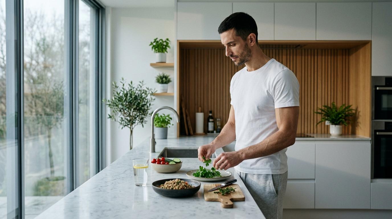 Homme prépare salade fraîche dans cuisine moderne et lumineuse