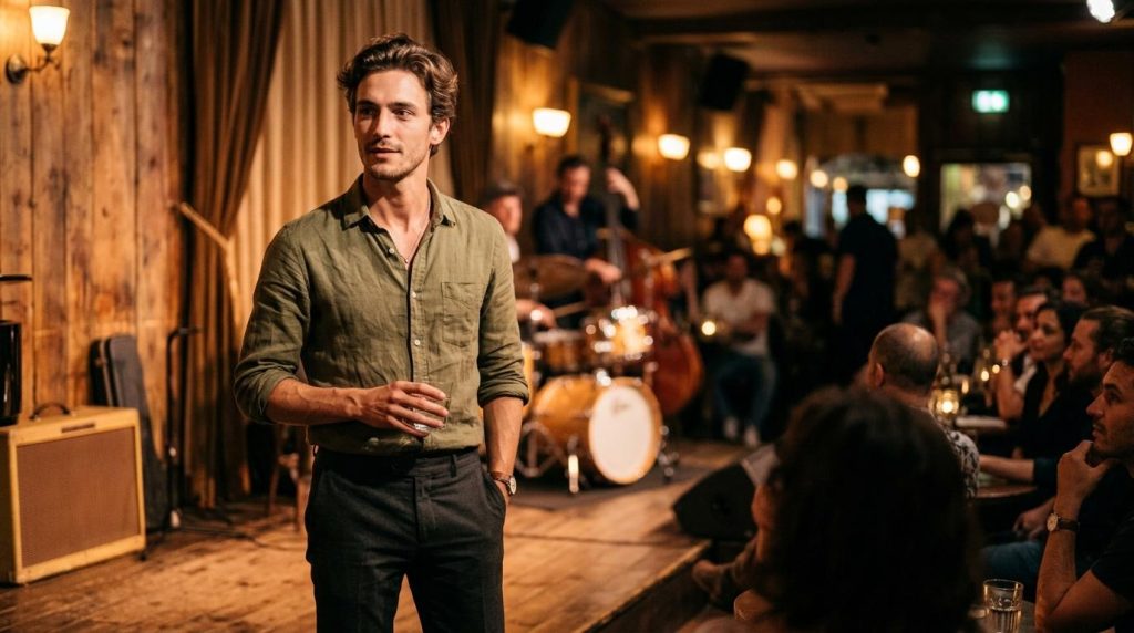 Homme présentant devant un public dans une salle chic