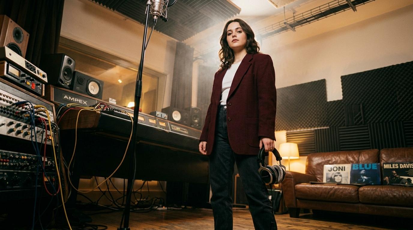 Femme avec casque dans studio de musique professionnel