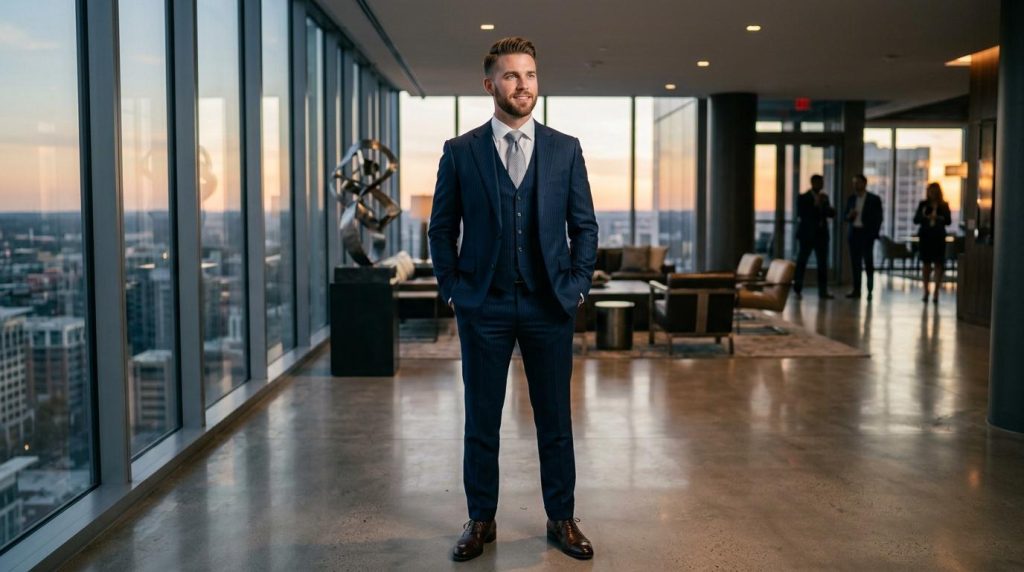 Homme d'affaires en costume bleu dans bureau moderne panoramique