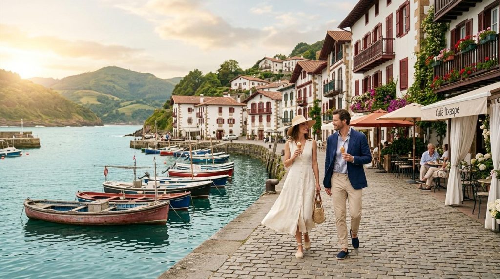 Couple marchant dans un village côtier pittoresque avec bateaux colorés