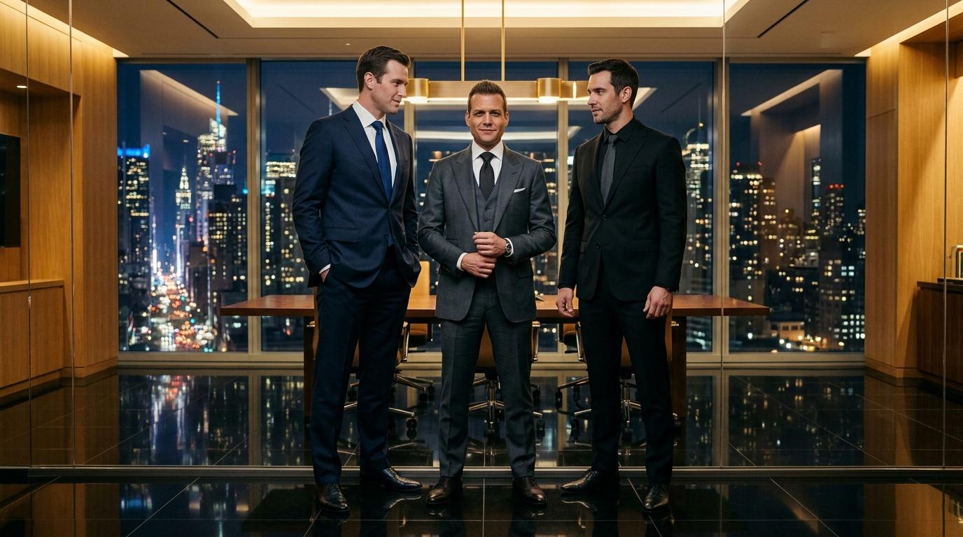 Trois hommes d'affaires discutent dans un bureau panoramique.