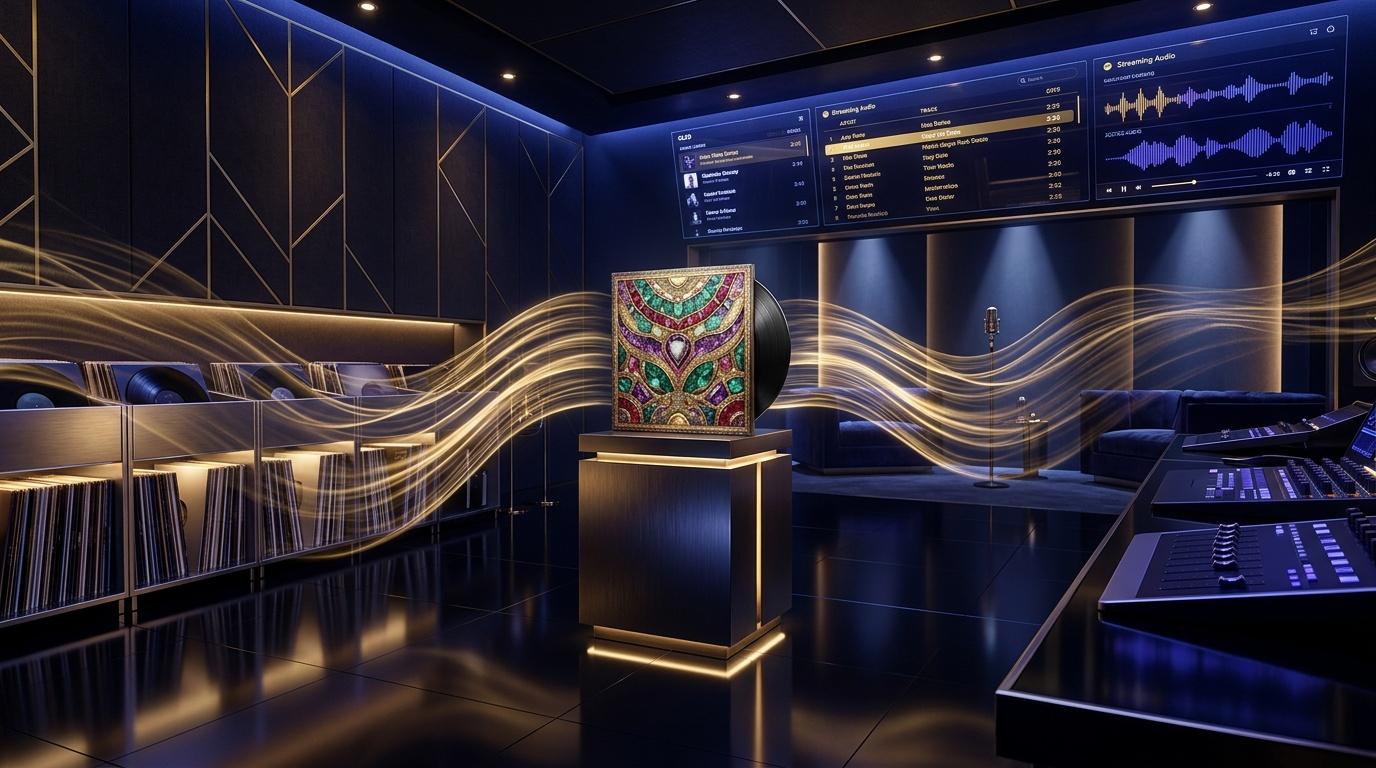 Studio avec vinyles, équipement audio et interface numérique