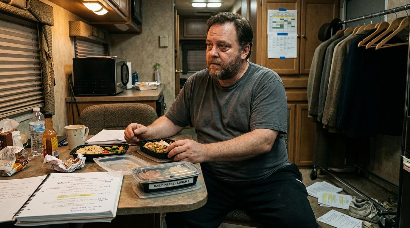 Homme mangeant des repas préparés dans un camping-car