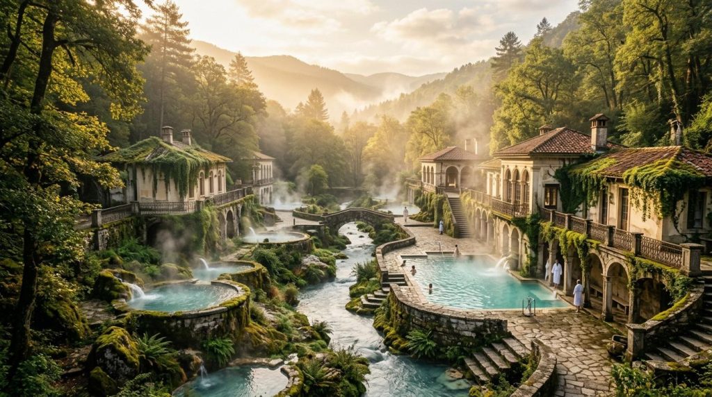 Complexe thermal avec piscine turquoise entouré de forêts montagneuses