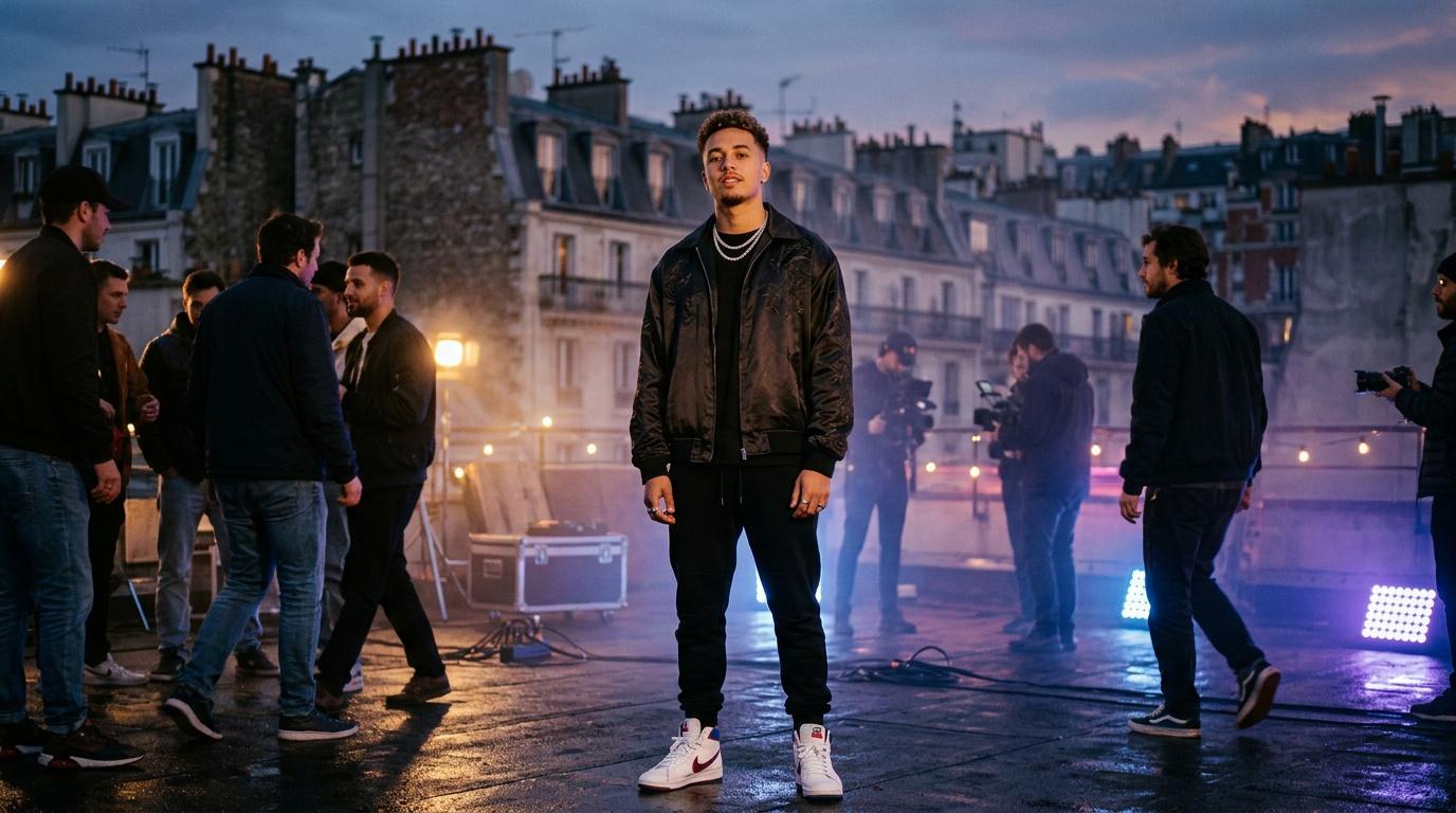 Artiste entouré d'équipe lors d'un tournage à Paris