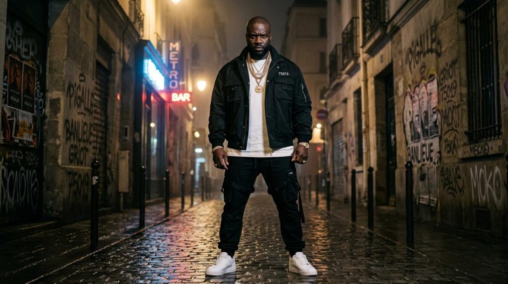 Homme élégant posant dans rue pavée illuminée la nuit